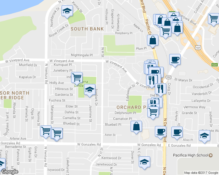 map of restaurants, bars, coffee shops, grocery stores, and more near 2226 North H Street in Oxnard