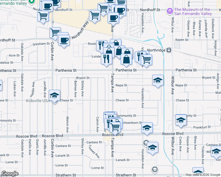 map of restaurants, bars, coffee shops, grocery stores, and more near 8547 Tampa Avenue in Los Angeles