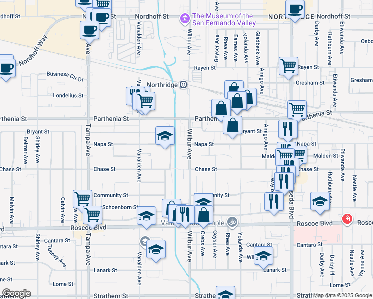 map of restaurants, bars, coffee shops, grocery stores, and more near 8545 Wilbur Avenue in Los Angeles