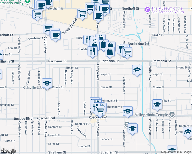 map of restaurants, bars, coffee shops, grocery stores, and more near 8547 Tampa Avenue in Los Angeles