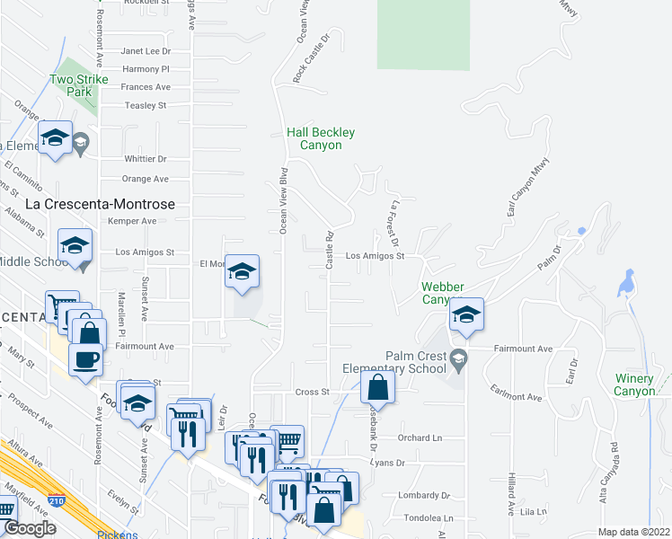 map of restaurants, bars, coffee shops, grocery stores, and more near 5038 Castle Road in La Cañada Flintridge