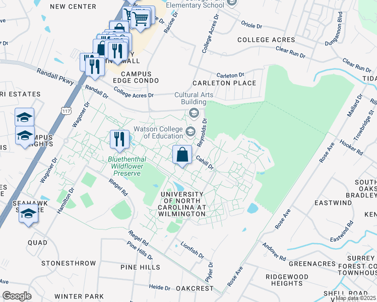map of restaurants, bars, coffee shops, grocery stores, and more near Cahill Drive in Wilmington