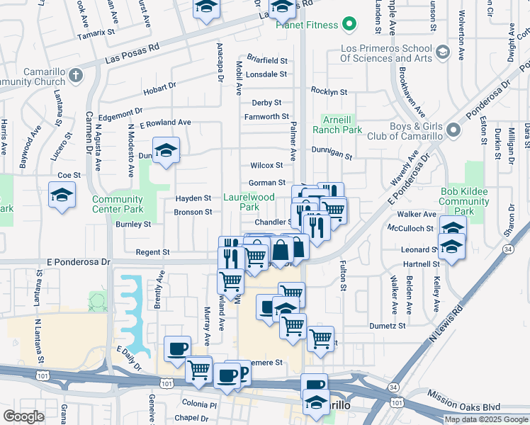 map of restaurants, bars, coffee shops, grocery stores, and more near 912 Belmont Street in Camarillo