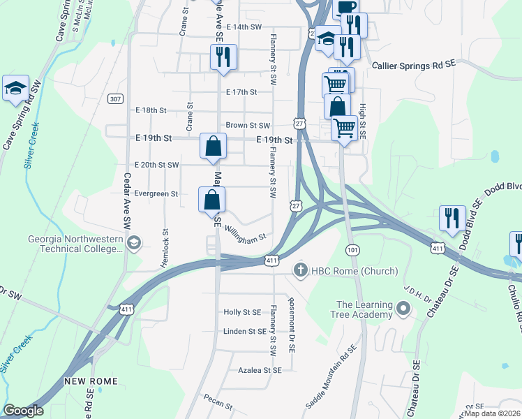 map of restaurants, bars, coffee shops, grocery stores, and more near 17 Worsham Street in Rome