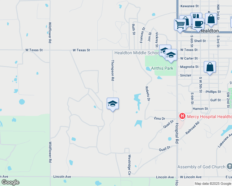 map of restaurants, bars, coffee shops, grocery stores, and more near 327 Thompson Road in Healdton