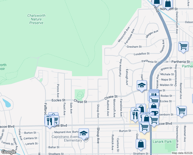 map of restaurants, bars, coffee shops, grocery stores, and more near 8547 Shoup Avenue in Los Angeles