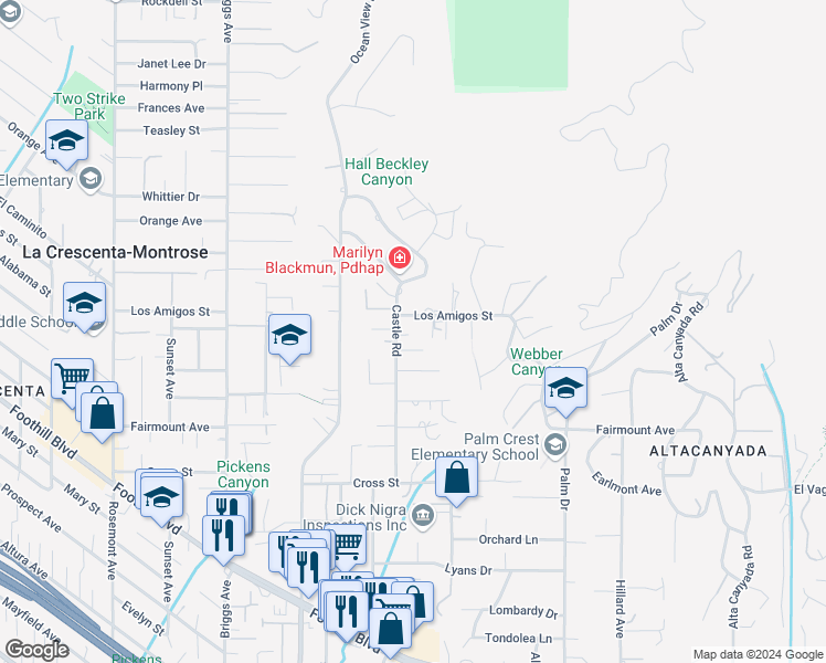 map of restaurants, bars, coffee shops, grocery stores, and more near 5038 Castle Road in La Cañada Flintridge