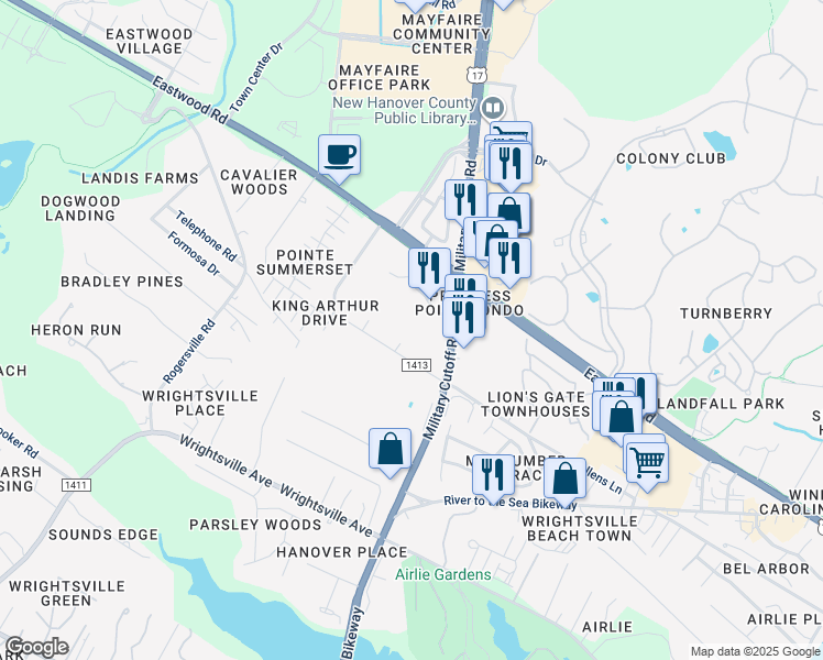 map of restaurants, bars, coffee shops, grocery stores, and more near 1600 Sturdivant Drive in Wilmington