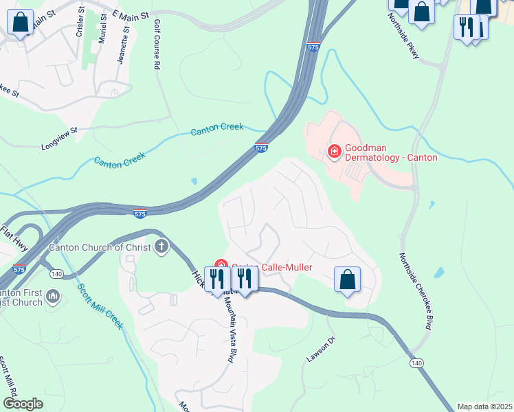 map of restaurants, bars, coffee shops, grocery stores, and more near 420 Hillcrest Cmns in Canton
