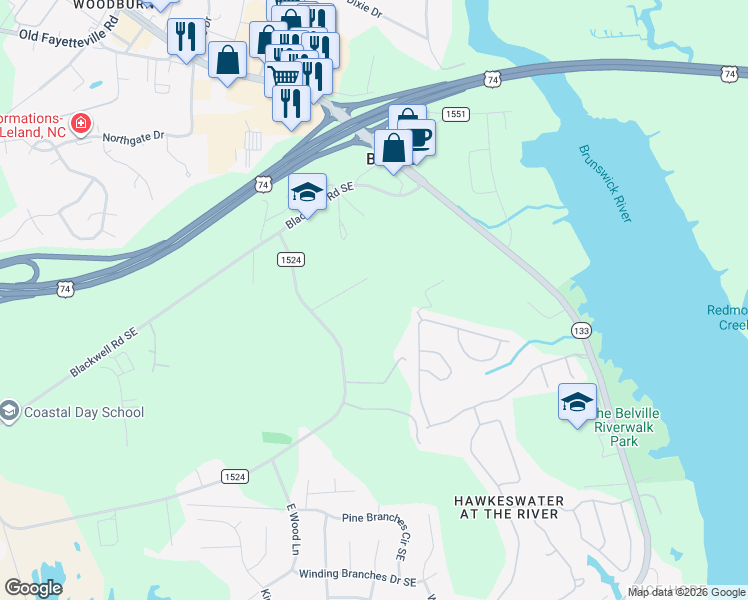 map of restaurants, bars, coffee shops, grocery stores, and more near 10295 Chappell Loop Road Southeast in Leland