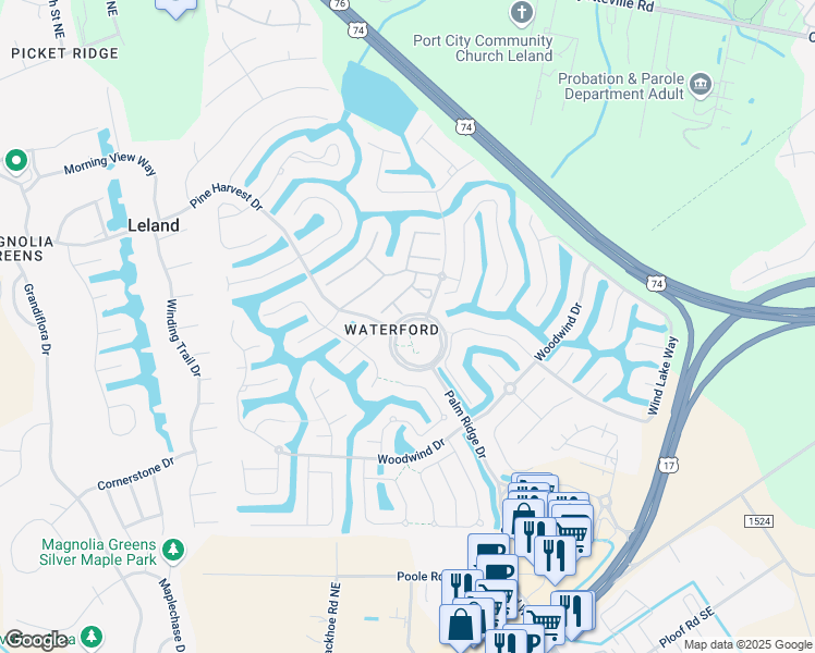 map of restaurants, bars, coffee shops, grocery stores, and more near in Leland