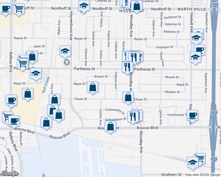 map of restaurants, bars, coffee shops, grocery stores, and more near 16321 Malden Street in Los Angeles