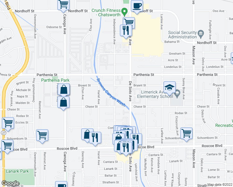 map of restaurants, bars, coffee shops, grocery stores, and more near 8544 Independence Avenue in Los Angeles