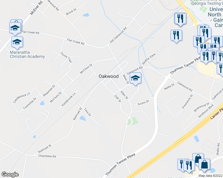 map of restaurants, bars, coffee shops, grocery stores, and more near 4415 Oak Street in Oakwood