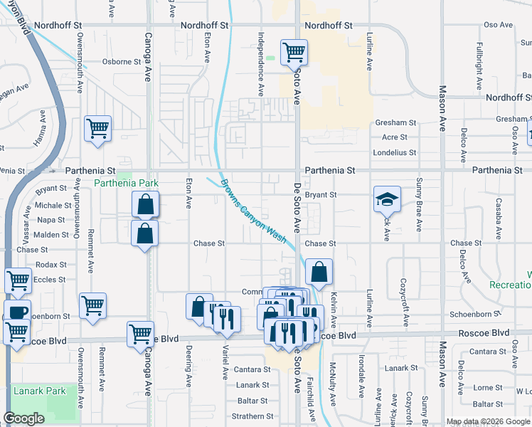 map of restaurants, bars, coffee shops, grocery stores, and more near 8530 Independence Avenue in Los Angeles