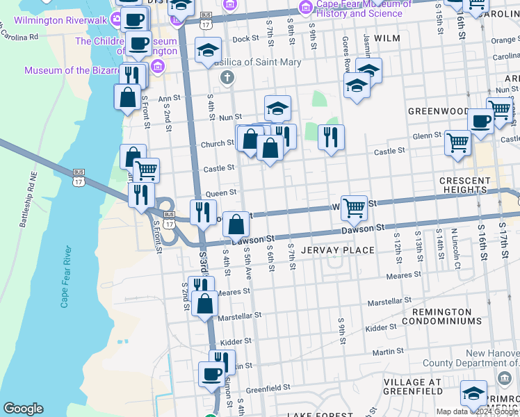 map of restaurants, bars, coffee shops, grocery stores, and more near 508 Wooster Street in Wilmington