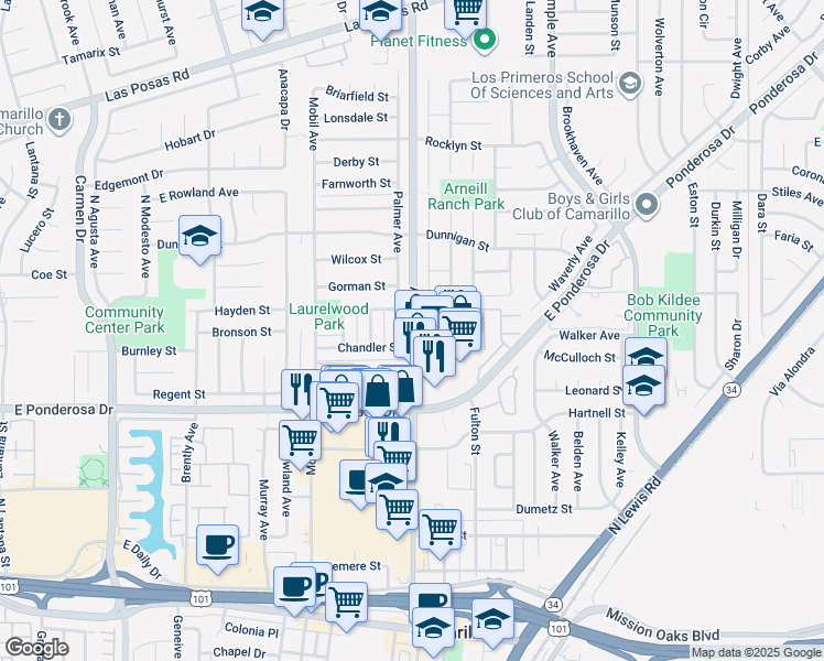 map of restaurants, bars, coffee shops, grocery stores, and more near 679 Arneill Road in Camarillo