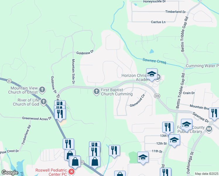 map of restaurants, bars, coffee shops, grocery stores, and more near 1507-1595 Sawnee Drive in Cumming