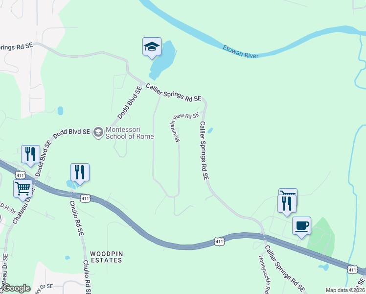 map of restaurants, bars, coffee shops, grocery stores, and more near 433 Mountain View Road Southeast in Rome