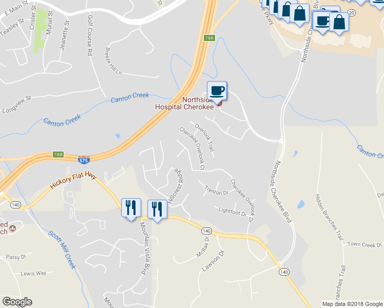 map of restaurants, bars, coffee shops, grocery stores, and more near 3778 Cherokee Overlook Drive in Canton