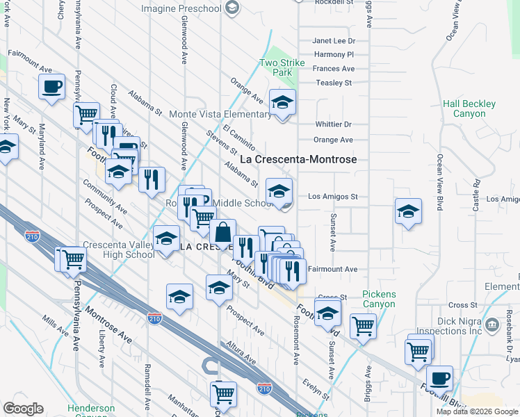 map of restaurants, bars, coffee shops, grocery stores, and more near 2701 Franklin Street in La Crescenta-Montrose