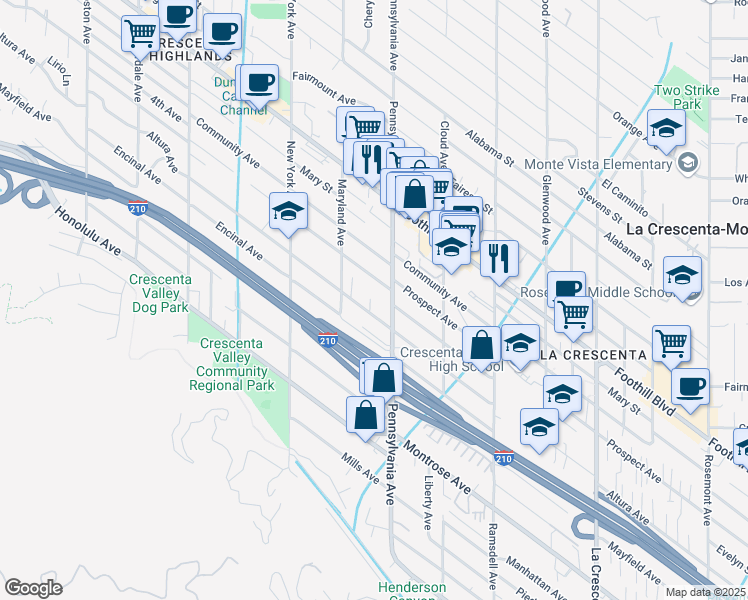 map of restaurants, bars, coffee shops, grocery stores, and more near 3219 Altura Avenue in Glendale