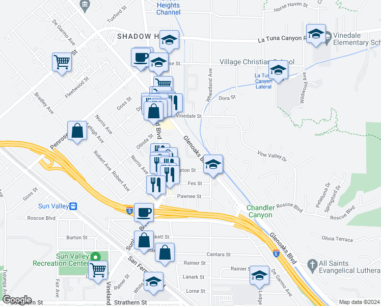 map of restaurants, bars, coffee shops, grocery stores, and more near 8601 Glenoaks Boulevard in Los Angeles
