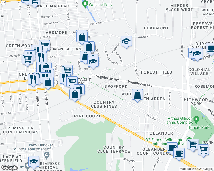 map of restaurants, bars, coffee shops, grocery stores, and more near 2205 Camellia Drive in Wilmington