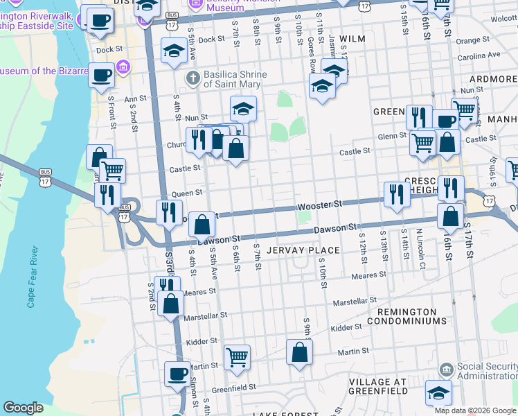 map of restaurants, bars, coffee shops, grocery stores, and more near 808 South 8th Street in Wilmington