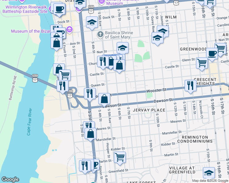 map of restaurants, bars, coffee shops, grocery stores, and more near 508 Wooster Street in Wilmington