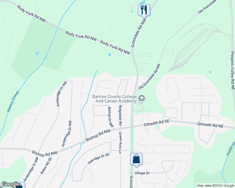 map of restaurants, bars, coffee shops, grocery stores, and more near 10 Jude Drive Northwest in Cartersville