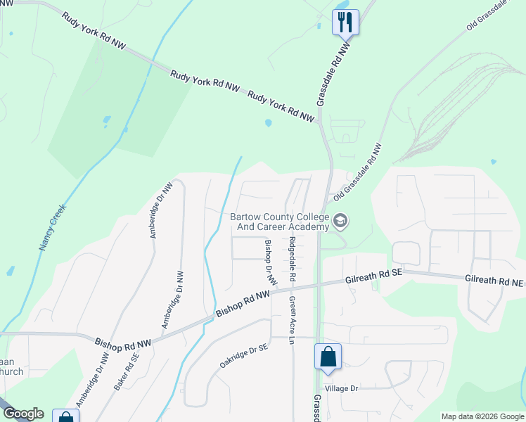 map of restaurants, bars, coffee shops, grocery stores, and more near 29 Mill Rock Drive Northwest in Cartersville