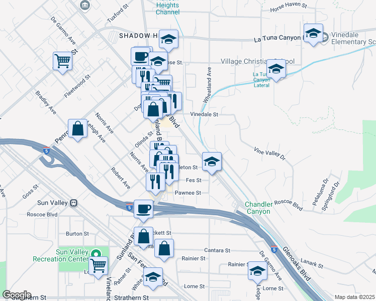 map of restaurants, bars, coffee shops, grocery stores, and more near 8601 Glenoaks Boulevard in Los Angeles