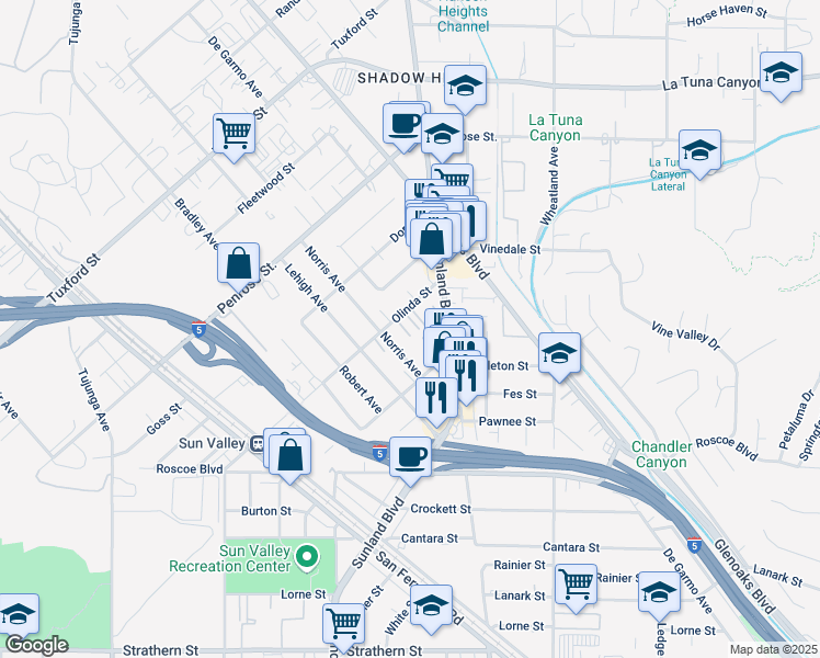 map of restaurants, bars, coffee shops, grocery stores, and more near 10894 Olinda Street in Los Angeles