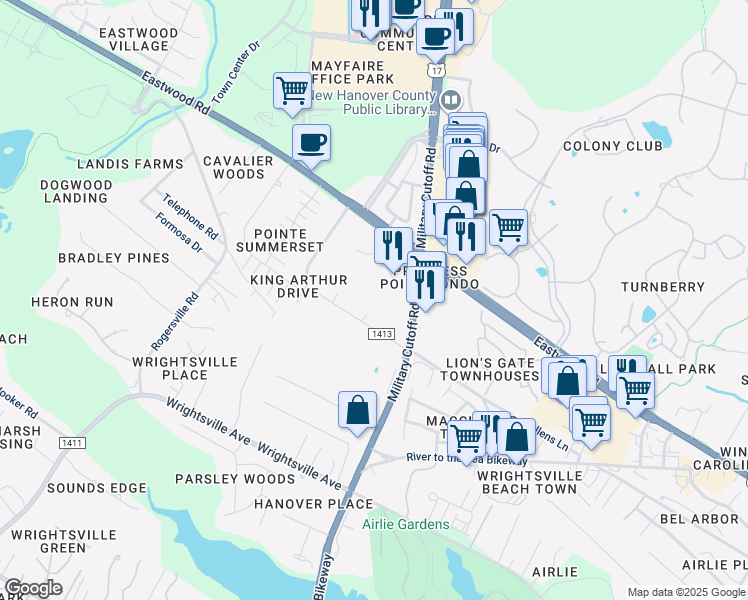 map of restaurants, bars, coffee shops, grocery stores, and more near 1600 Sturdivant Drive in Wilmington