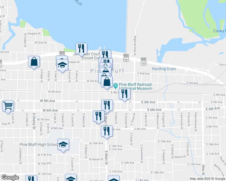 map of restaurants, bars, coffee shops, grocery stores, and more near S State St & E 4th Ave in Pine Bluff