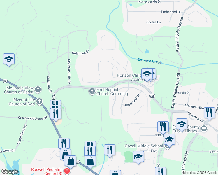 map of restaurants, bars, coffee shops, grocery stores, and more near 1507 Sawnee Drive in Cumming