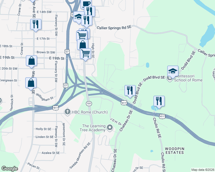 map of restaurants, bars, coffee shops, grocery stores, and more near 2 Pinehurst Drive Southeast in Rome