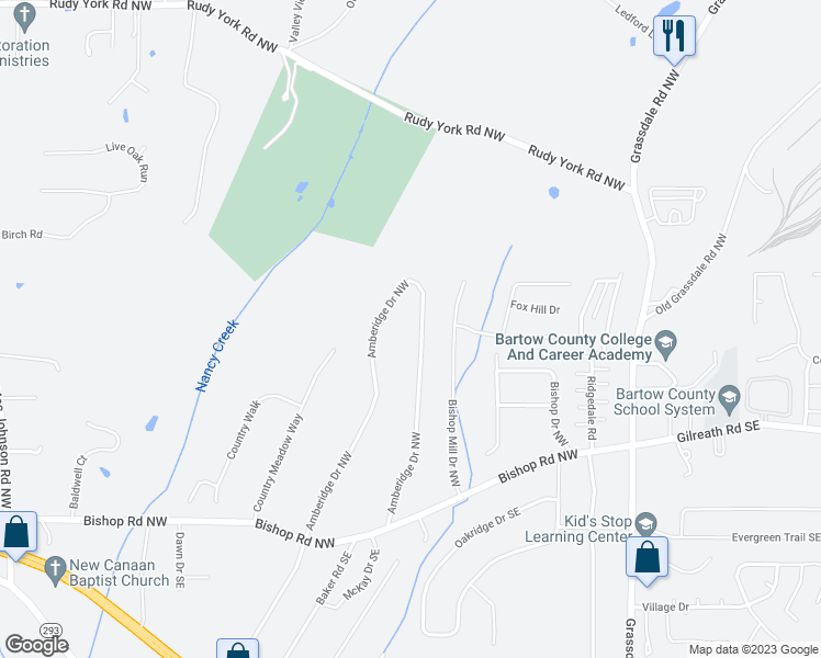 map of restaurants, bars, coffee shops, grocery stores, and more near 131 Amberidge Drive Southeast in Cartersville