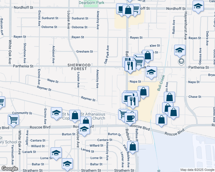map of restaurants, bars, coffee shops, grocery stores, and more near 8536 Oak Park Avenue in Los Angeles