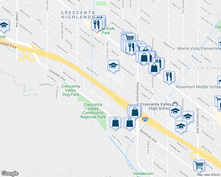 map of restaurants, bars, coffee shops, grocery stores, and more near 4208 New York Avenue in Glendale
