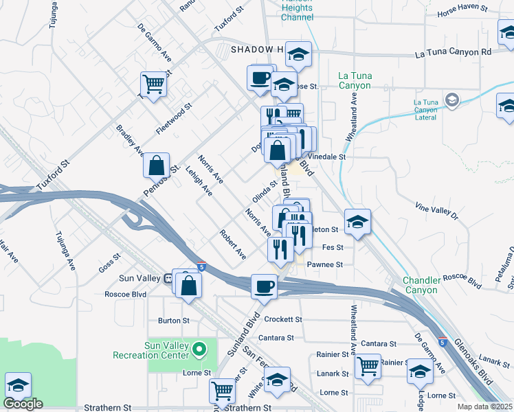 map of restaurants, bars, coffee shops, grocery stores, and more near 10898 Olinda Street in Los Angeles