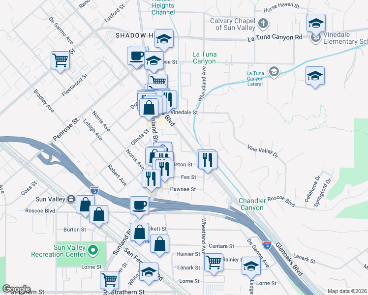 map of restaurants, bars, coffee shops, grocery stores, and more near 8601 Glenoaks Boulevard in Los Angeles