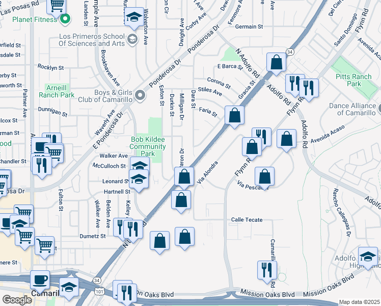 map of restaurants, bars, coffee shops, grocery stores, and more near 861 Dara Street in Camarillo