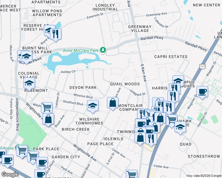 map of restaurants, bars, coffee shops, grocery stores, and more near 3805 Winston Boulevard in Wilmington