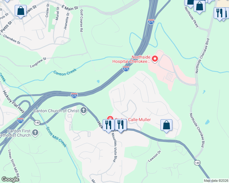 map of restaurants, bars, coffee shops, grocery stores, and more near 525 Hillcrest Cross Road in Canton