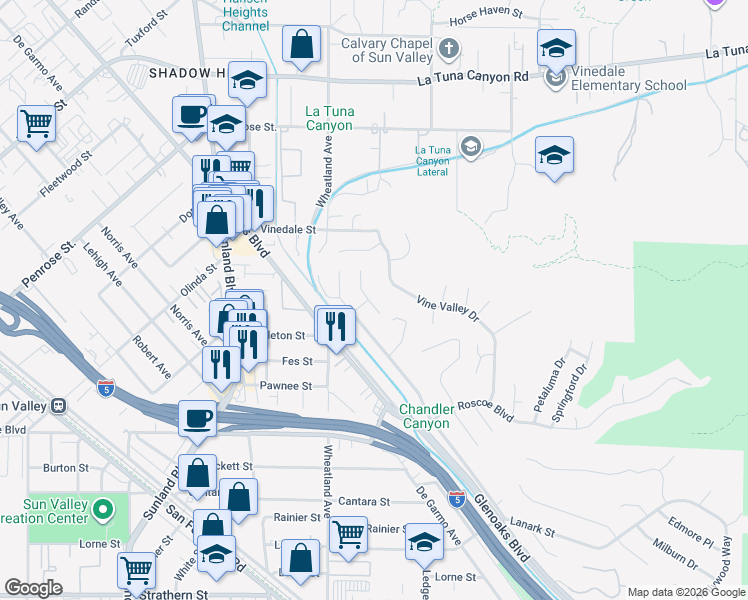 map of restaurants, bars, coffee shops, grocery stores, and more near 8501 Glencrest Drive in Los Angeles