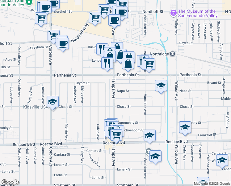 map of restaurants, bars, coffee shops, grocery stores, and more near 8548 Tampa Avenue in Los Angeles