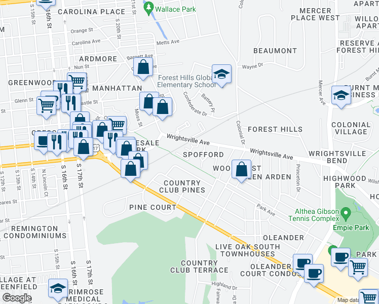 map of restaurants, bars, coffee shops, grocery stores, and more near 2314 Wrightsville Avenue in Wilmington