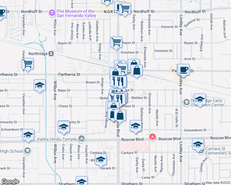map of restaurants, bars, coffee shops, grocery stores, and more near 8525 Reseda Boulevard in Los Angeles
